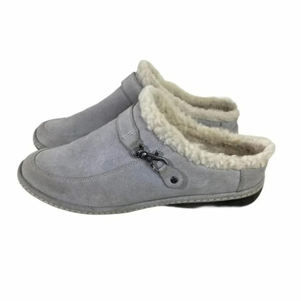 Lands' End Suede Clog Mules 8.5 Gray Faux Fur Lined Lobster Clasp Slip On
